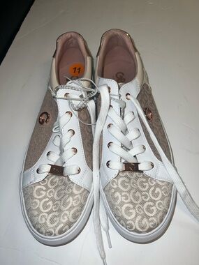 Guess White and Gold Monogram Lace-Up Sneakers for Women